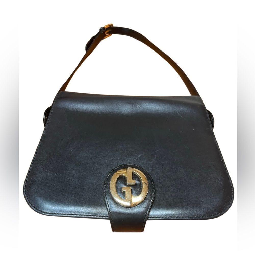 Vintage Authentic Gucci Black Leather Shoulder Bag Purse Gold Interlocking G’s
